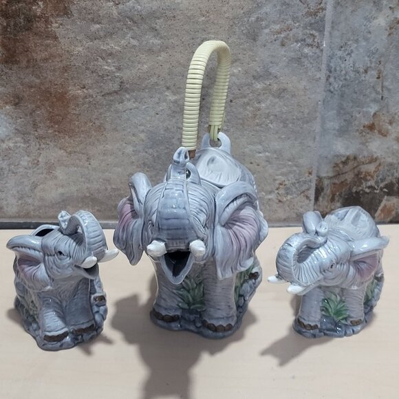 OCI Elephant Tea Set Teapot Creamer Sugar Bowl Repaired Chip - Picture 13 of 14